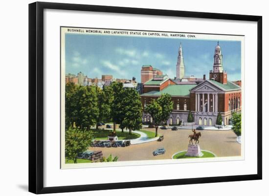 Hartford, Connecticut - Capitol Hill View of Bushnell Memorial, Lafayette Statue-Lantern Press-Framed Art Print