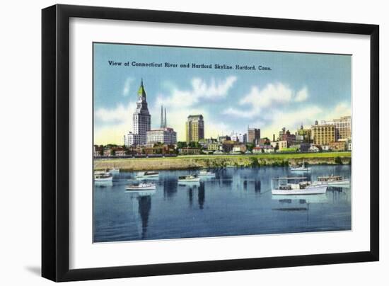 Hartford, Connecticut - Connecticut River View of the Hartfort Skyline, Waterfront-Lantern Press-Framed Art Print