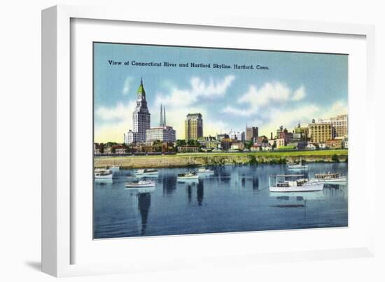 Hartford, Connecticut - Connecticut River View of the Hartfort Skyline, Waterfront-Lantern Press-Framed Art Print