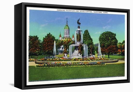 Hartford, Connecticut - Corning Fountain View with State Capitol Bldg in Distance-Lantern Press-Framed Stretched Canvas