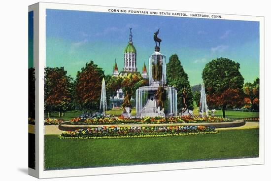 Hartford, Connecticut - Corning Fountain View with State Capitol Bldg in Distance-Lantern Press-Stretched Canvas