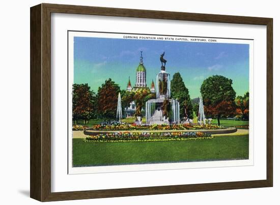 Hartford, Connecticut - Corning Fountain View with State Capitol Bldg in Distance-Lantern Press-Framed Art Print