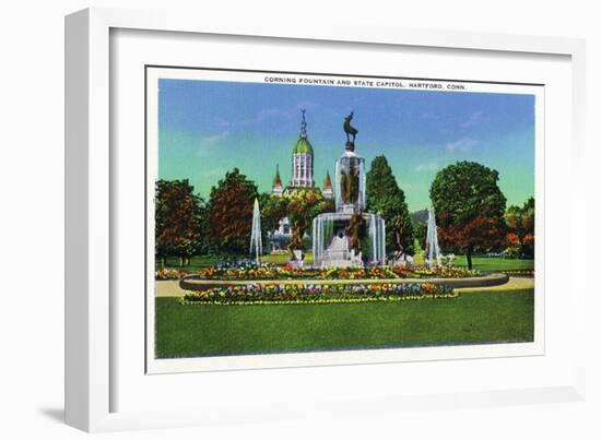 Hartford, Connecticut - Corning Fountain View with State Capitol Bldg in Distance-Lantern Press-Framed Art Print