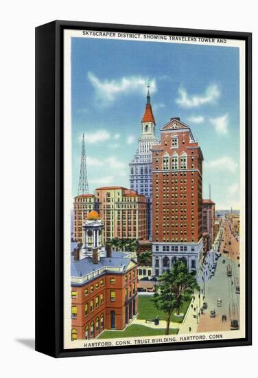 Hartford, Connecticut - Trust Bldg and Travelers Tower View-Lantern Press-Framed Stretched Canvas