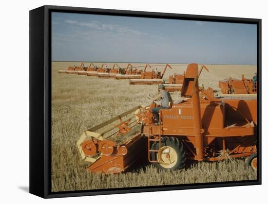 Harvest Story: Combines Harvest Wheat at Ranch in Texas-Ralph Crane-Framed Stretched Canvas