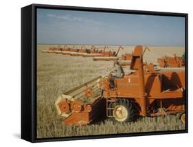 Harvest Story: Combines Harvest Wheat at Ranch in Texas-Ralph Crane-Framed Stretched Canvas