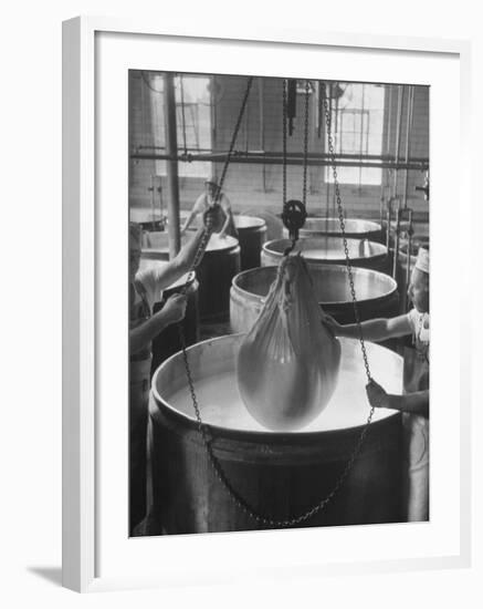 Harvesting Curd from the Whey, and Lifting Curd Out of Copper Kettles-null-Framed Photographic Print