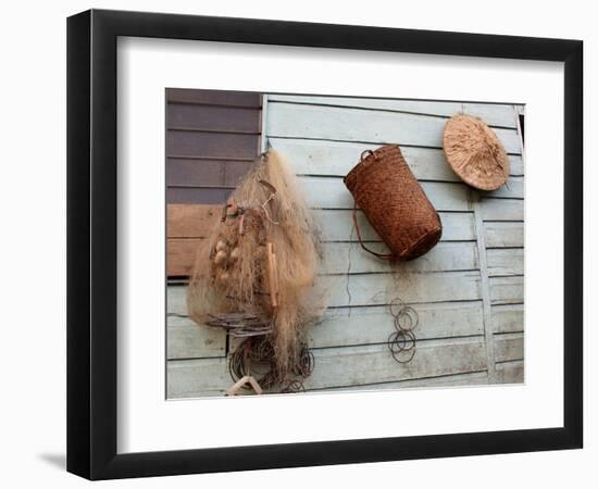 Hat, Basket, and Fishing Net Hanging Outside Iban Longhouse, Sarawak, Borneo, Malaysia-Jay Sturdevant-Framed Photographic Print