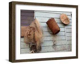 Hat, Basket, and Fishing Net Hanging Outside Iban Longhouse, Sarawak, Borneo, Malaysia-Jay Sturdevant-Framed Photographic Print