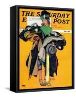 "Hatcheck Girl" Saturday Evening Post Cover, May 3,1941-Norman Rockwell-Framed Stretched Canvas