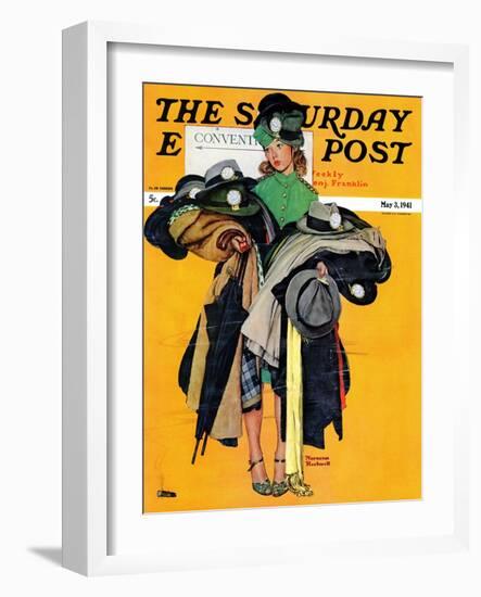 "Hatcheck Girl" Saturday Evening Post Cover, May 3,1941-Norman Rockwell-Framed Giclee Print