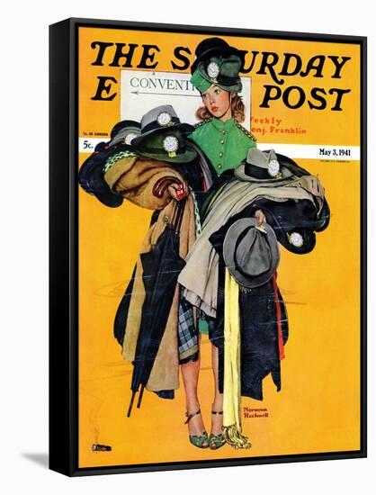 "Hatcheck Girl" Saturday Evening Post Cover, May 3,1941-Norman Rockwell-Framed Stretched Canvas