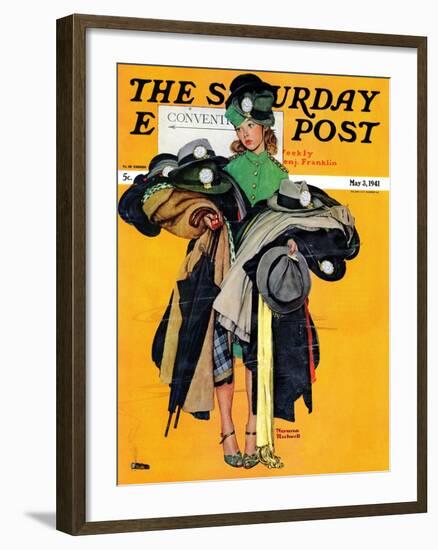 "Hatcheck Girl" Saturday Evening Post Cover, May 3,1941-Norman Rockwell-Framed Giclee Print