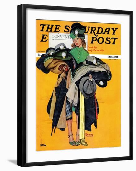 "Hatcheck Girl" Saturday Evening Post Cover, May 3,1941-Norman Rockwell-Framed Giclee Print