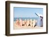 Hats and Summer Concept - Three Women Lying on the Beach with Straw Hat, Sunglasses and Bag-dolgachov-Framed Photographic Print