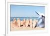 Hats and Summer Concept - Three Women Lying on the Beach with Straw Hat, Sunglasses and Bag-dolgachov-Framed Photographic Print