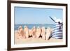 Hats and Summer Concept - Three Women Lying on the Beach with Straw Hat, Sunglasses and Bag-dolgachov-Framed Photographic Print