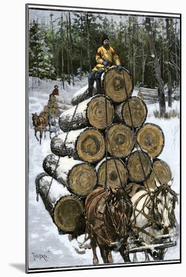 Hauling Logs with a Horse-Drawn Sledge in Northern Wisconsin, 1880s-null-Mounted Giclee Print