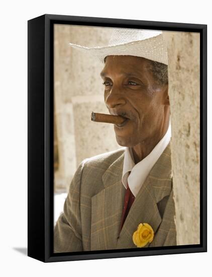 Havana, Cuban Man, Plaza De La Catedral, Havana, Cuba-Paul Harris-Framed Stretched Canvas