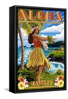 Hawaii - Aloha - Hula Girl on Coast (Flower Border)-Lantern Press-Framed Stretched Canvas