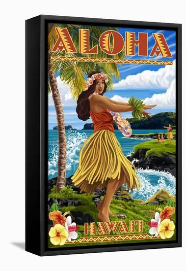 Hawaii - Aloha - Hula Girl on Coast (Flower Border)-Lantern Press-Framed Stretched Canvas