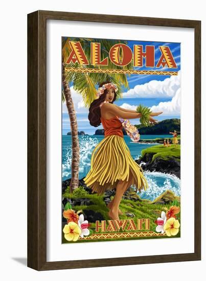 Hawaii - Aloha - Hula Girl on Coast (Flower Border)-Lantern Press-Framed Art Print