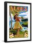 Hawaii - Aloha - Hula Girl on Coast (Flower Border)-Lantern Press-Framed Art Print