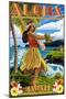 Hawaii - Aloha - Hula Girl on Coast (Flower Border)-Lantern Press-Mounted Art Print