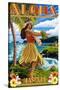 Hawaii - Aloha - Hula Girl on Coast (Flower Border)-Lantern Press-Stretched Canvas