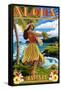 Hawaii - Aloha - Hula Girl on Coast (Flower Border)-Lantern Press-Framed Stretched Canvas