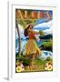 Hawaii - Aloha - Hula Girl on Coast (Flower Border)-Lantern Press-Framed Art Print