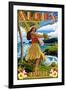 Hawaii - Aloha - Hula Girl on Coast (Flower Border)-Lantern Press-Framed Art Print