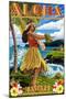 Hawaii - Aloha - Hula Girl on Coast (Flower Border)-Lantern Press-Mounted Art Print