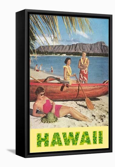 Hawaii, Beach Scene with Outrigger-null-Framed Stretched Canvas