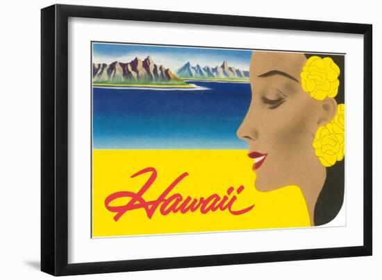 Hawaii, Graphic of Diamond Head and Woman-null-Framed Art Print