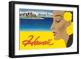 Hawaii, Graphic of Diamond Head and Woman-null-Framed Art Print