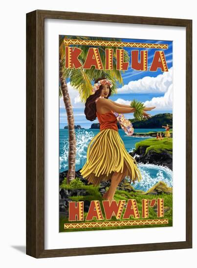 Hawaii Hula Girl on Coast - Kailua, Hawaii-Lantern Press-Framed Art Print