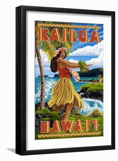 Hawaii Hula Girl on Coast - Kailua, Hawaii-Lantern Press-Framed Art Print