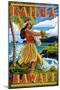 Hawaii Hula Girl on Coast - Kailua, Hawaii-Lantern Press-Mounted Art Print