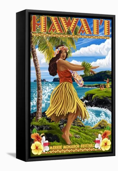 Hawaii Hula Girl on Coast - Merrie Monarch Festival-Lantern Press-Framed Stretched Canvas