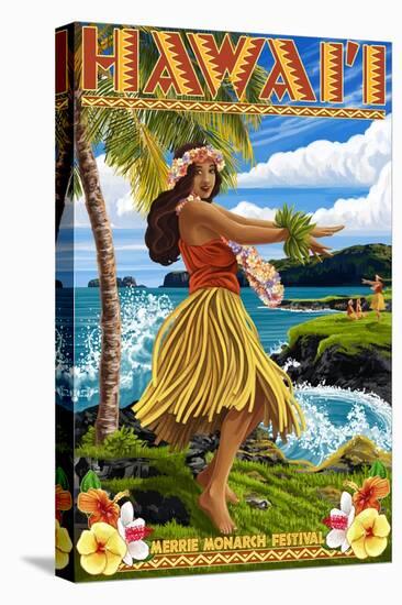 Hawaii Hula Girl on Coast - Merrie Monarch Festival-Lantern Press-Stretched Canvas