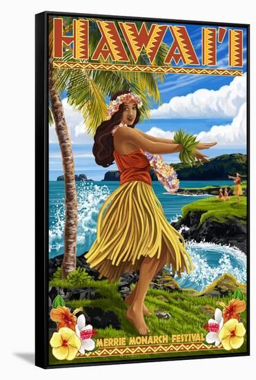 Hawaii Hula Girl on Coast - Merrie Monarch Festival-Lantern Press-Framed Stretched Canvas