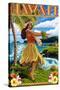 Hawaii Hula Girl on Coast-Lantern Press-Stretched Canvas