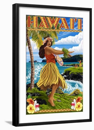 Hawaii Hula Girl on Coast-Lantern Press-Framed Art Print