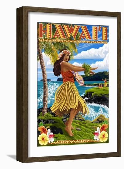 Hawaii Hula Girl on Coast-Lantern Press-Framed Art Print