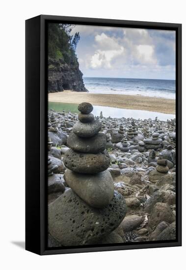 Hawaii, Kalalau Trail, Kauai, Napali, Napali Coast State Park, rock cairns-Lee Klopfer-Framed Stretched Canvas