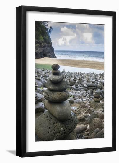 Hawaii, Kalalau Trail, Kauai, Napali, Napali Coast State Park, rock cairns-Lee Klopfer-Framed Photographic Print