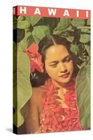 Hawaii, Lady in Taro Leaves with Lei-null-Stretched Canvas
