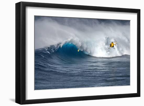 Hawaii Maui. Helicopter Crew Filming Kyle Lenny Surfing Monster Waves at Pe'Ahi Jaws-Janis Miglavs-Framed Photographic Print