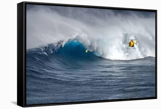 Hawaii Maui. Helicopter Crew Filming Kyle Lenny Surfing Monster Waves at Pe'Ahi Jaws-Janis Miglavs-Framed Stretched Canvas